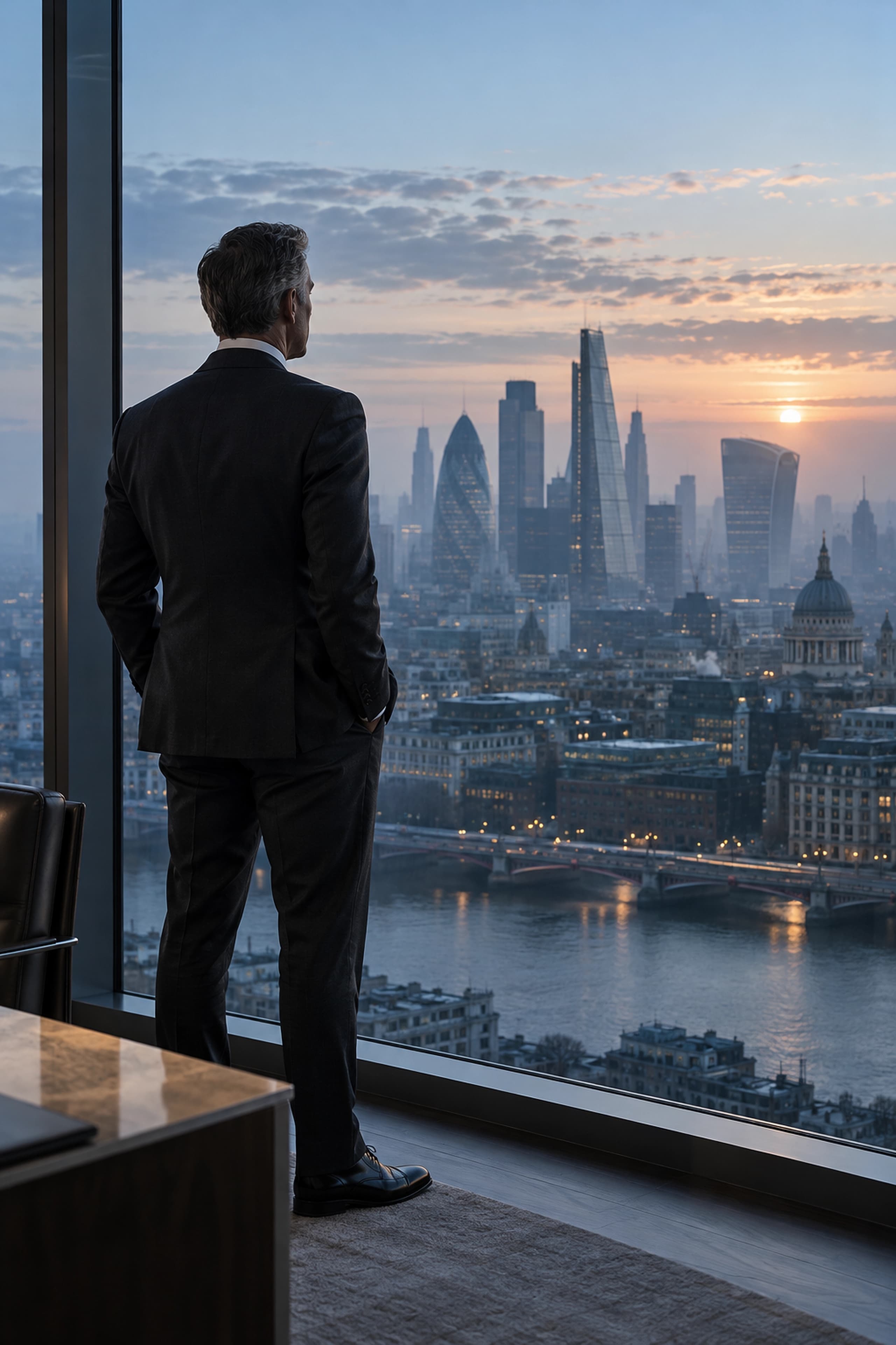A dealmaker looking out over the City of London at dawn
