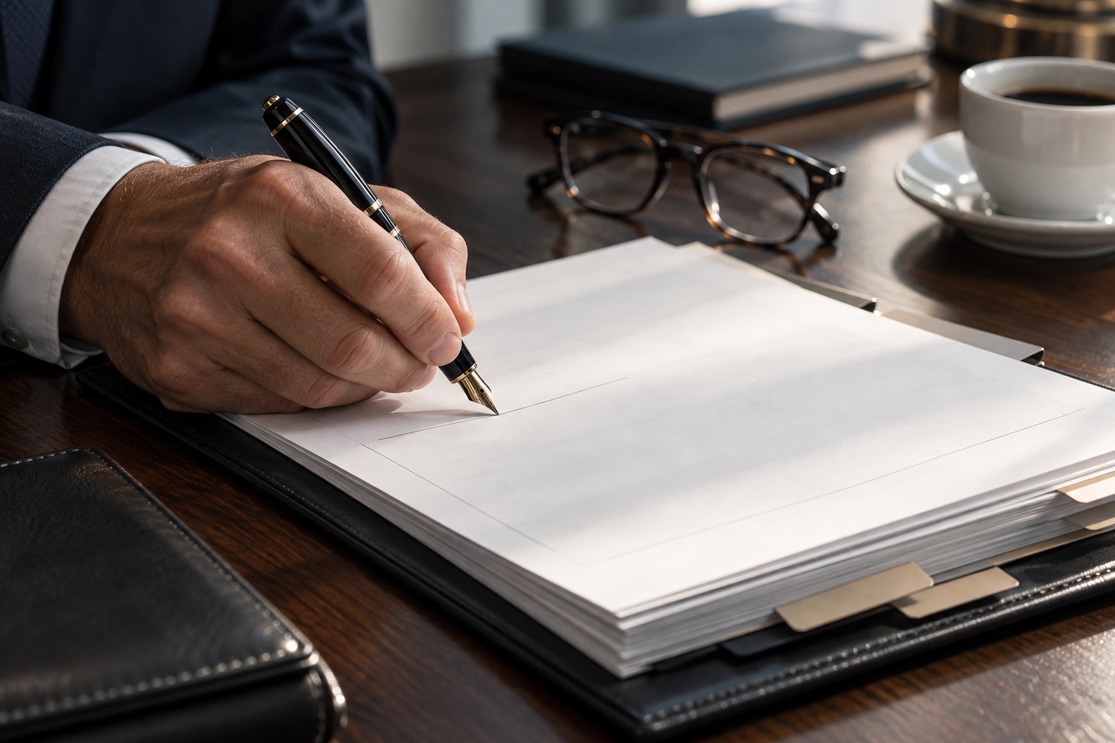 A fountain pen signing a share purchase agreement
