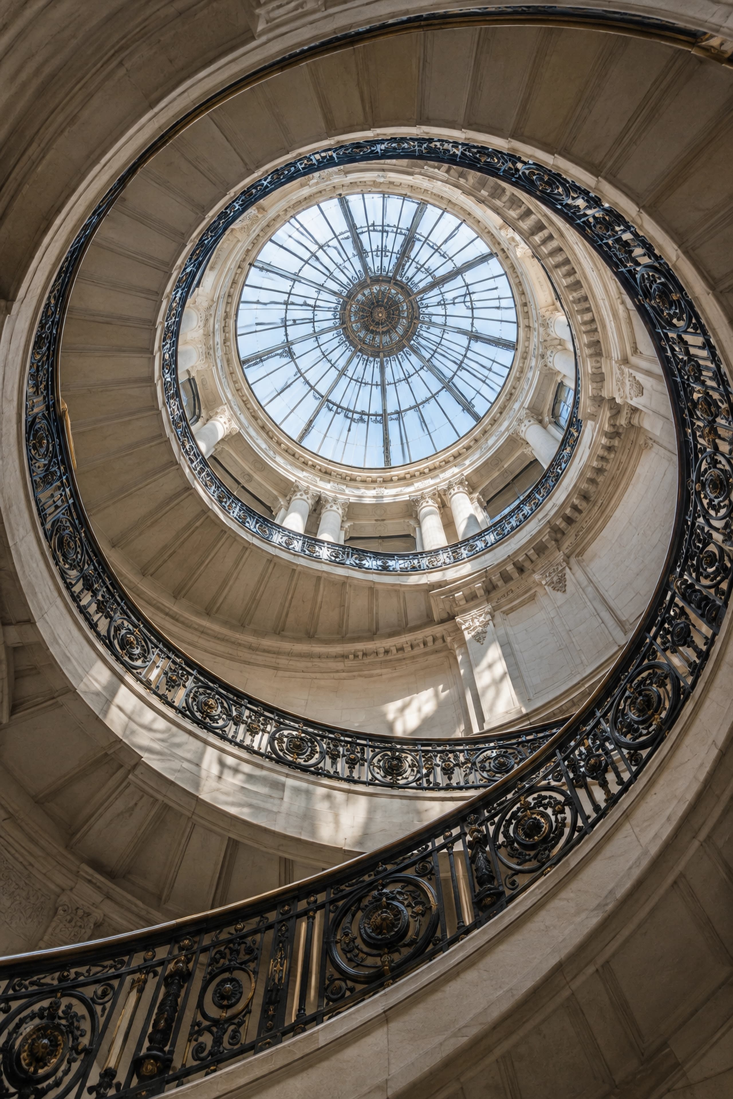 Looking up a spiral stone staircase beneath a glass dome