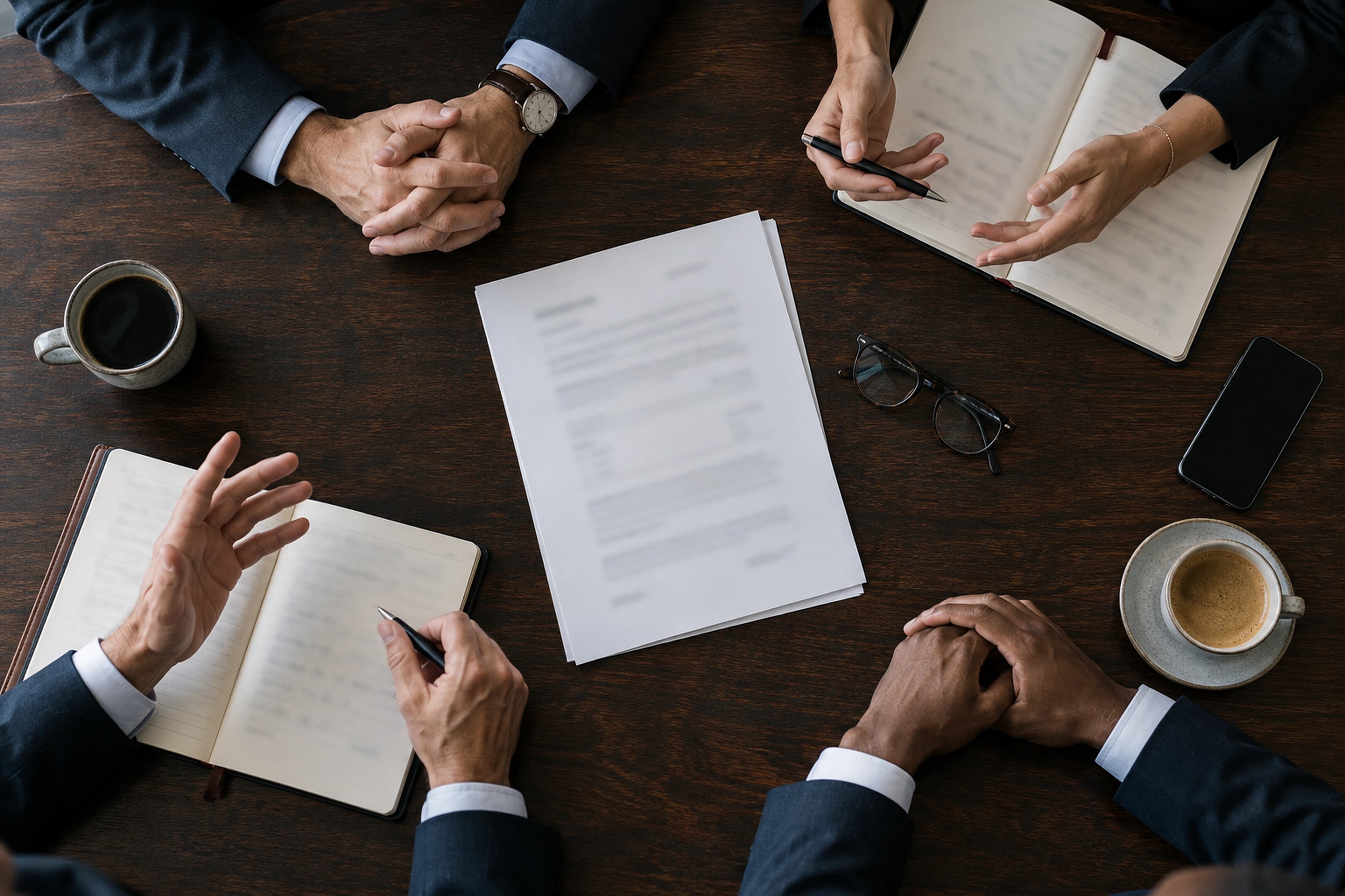 Overhead view of a meeting table with notebooks, documents and coffee