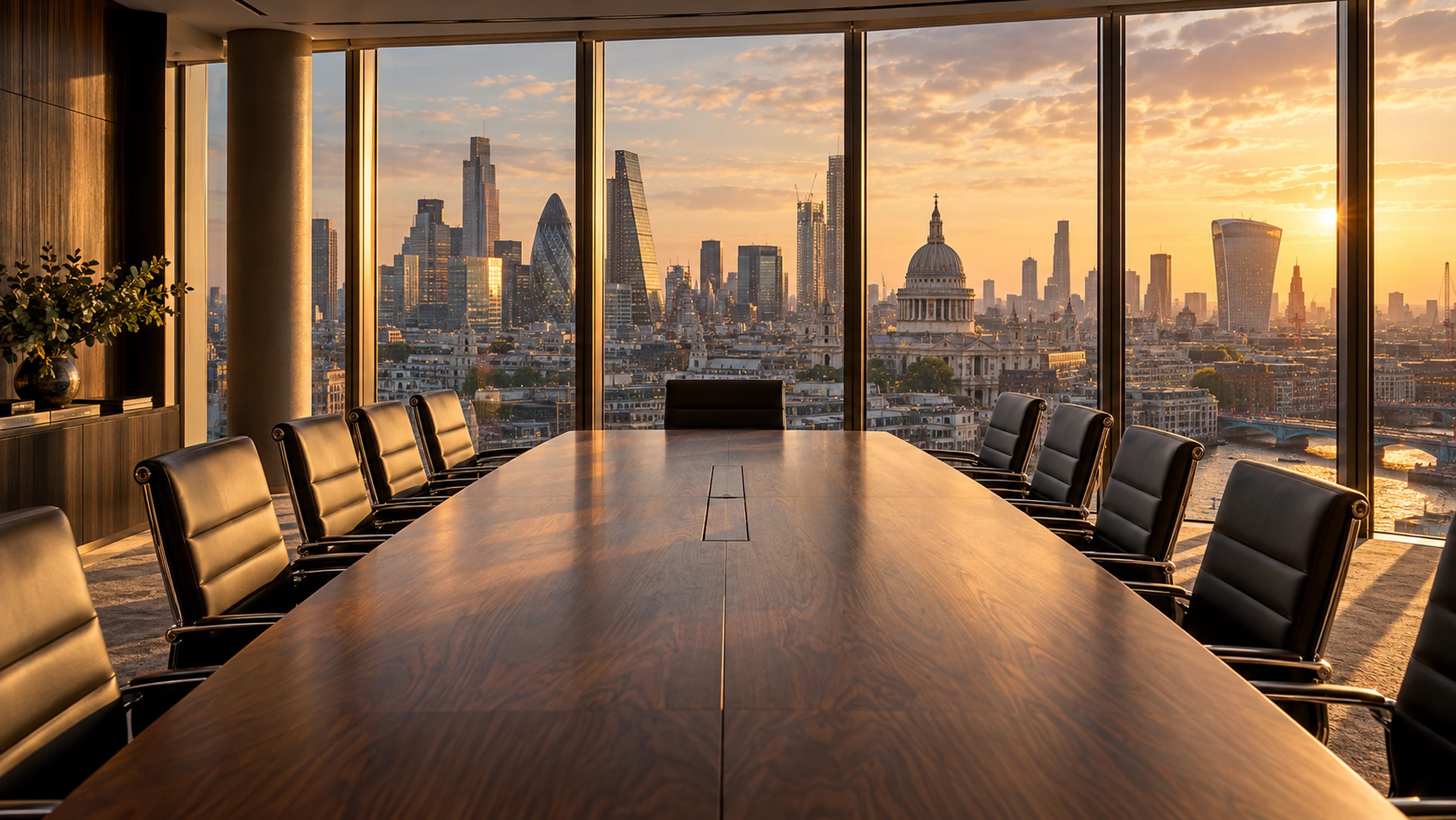 An empty boardroom overlooking the City of London at golden hour