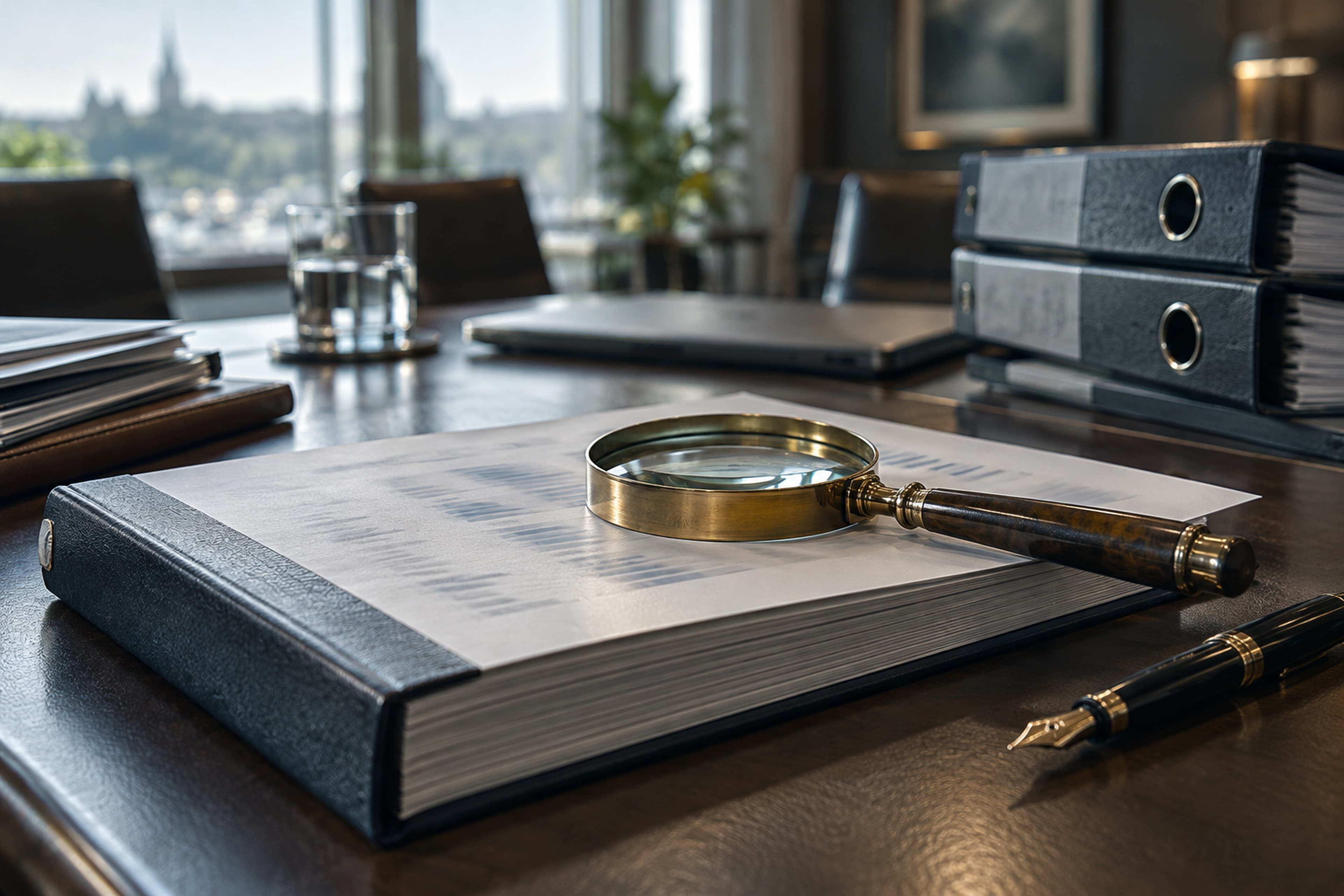 A magnifying loupe resting on bound financial statements