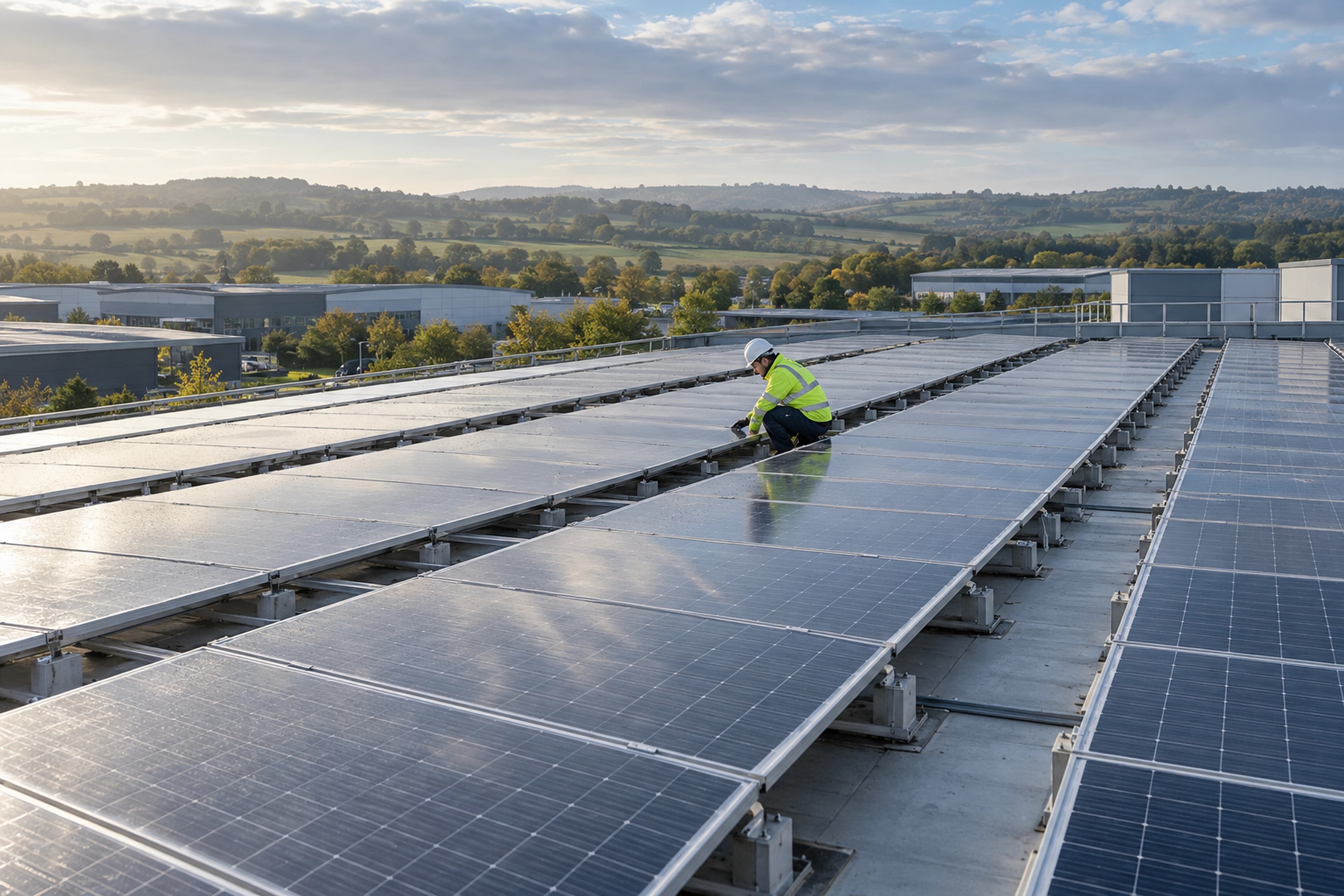 Solar panels on the roof of a modern industrial building