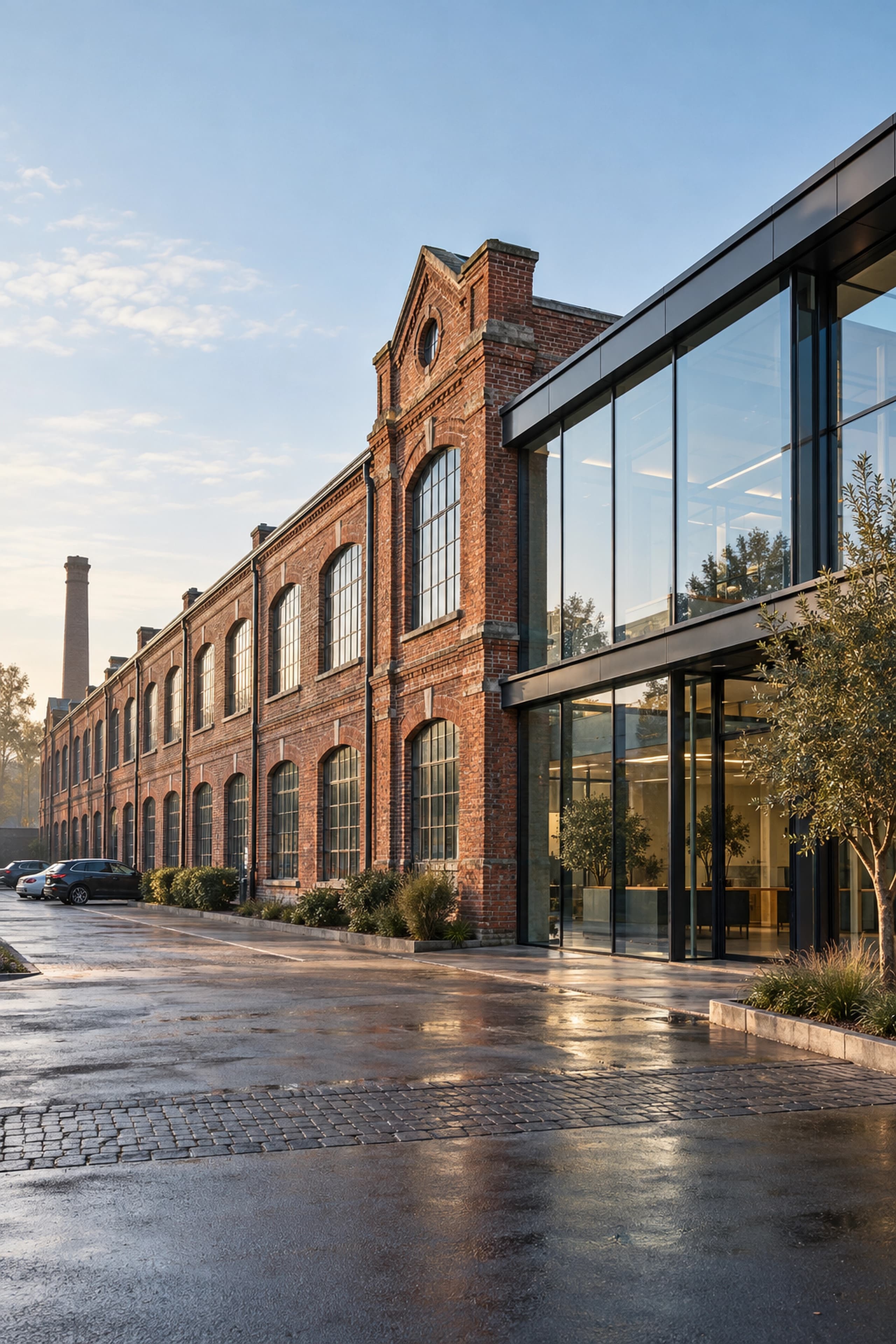 A restored red-brick Victorian factory with a modern glass extension