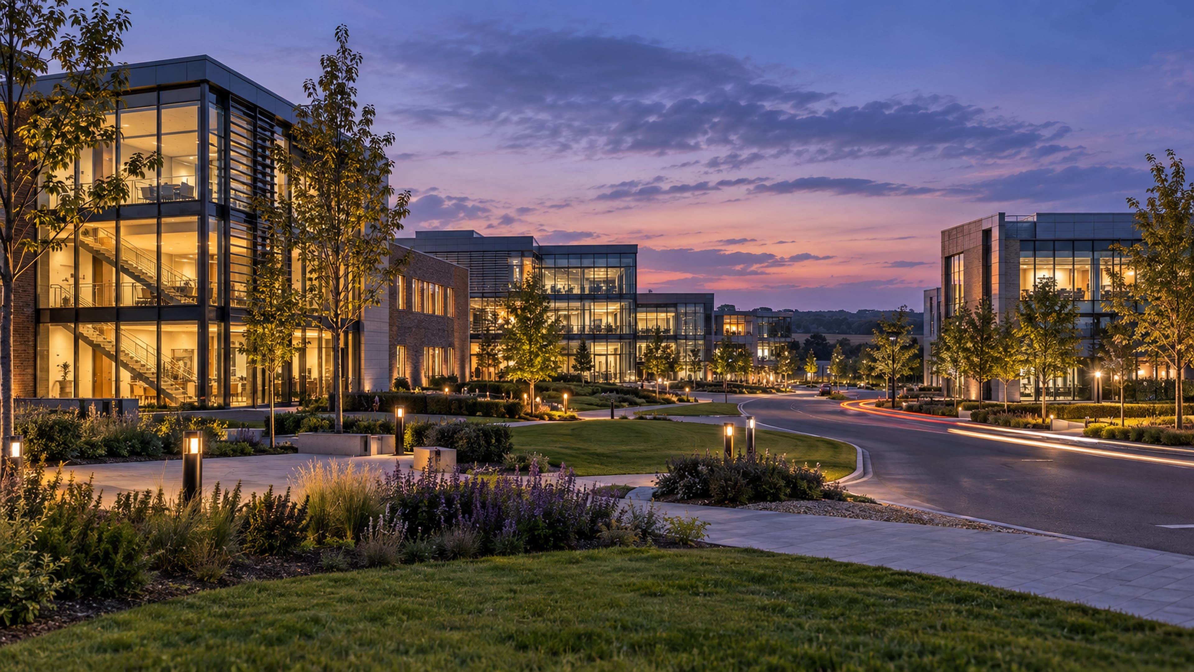 Modern business park buildings in Kent at dusk