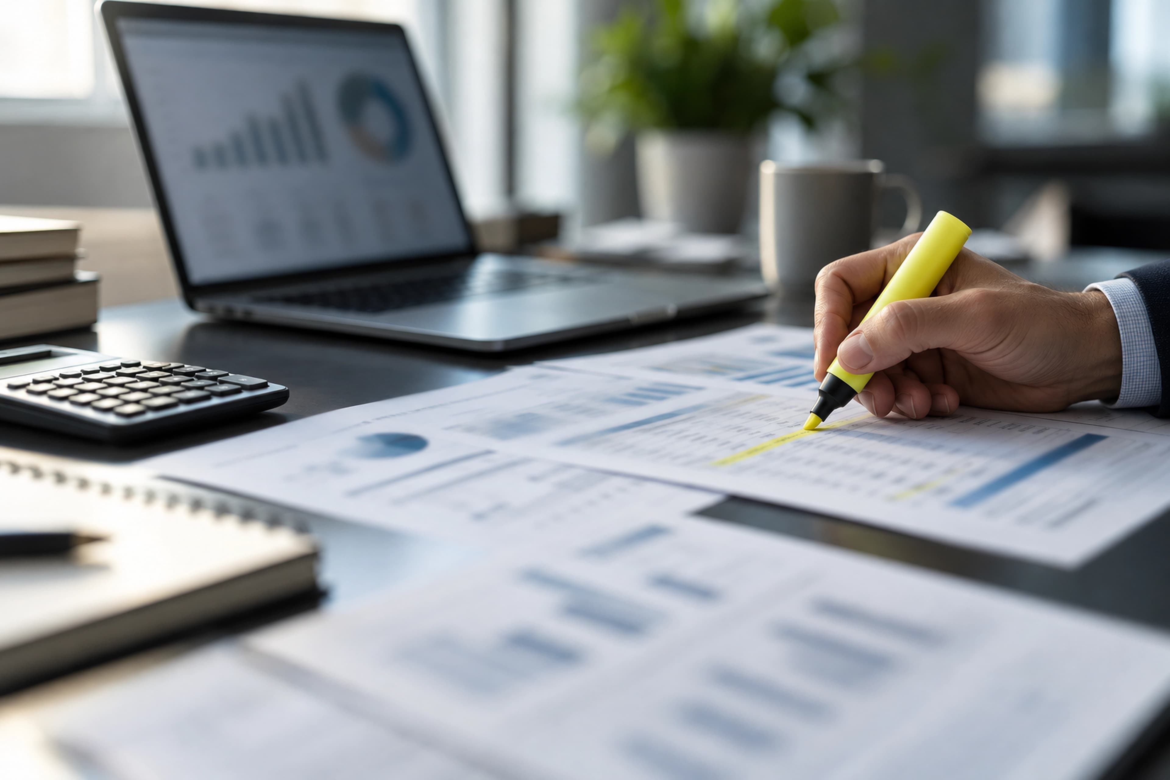Printed management accounts and charts on a desk beside a laptop
