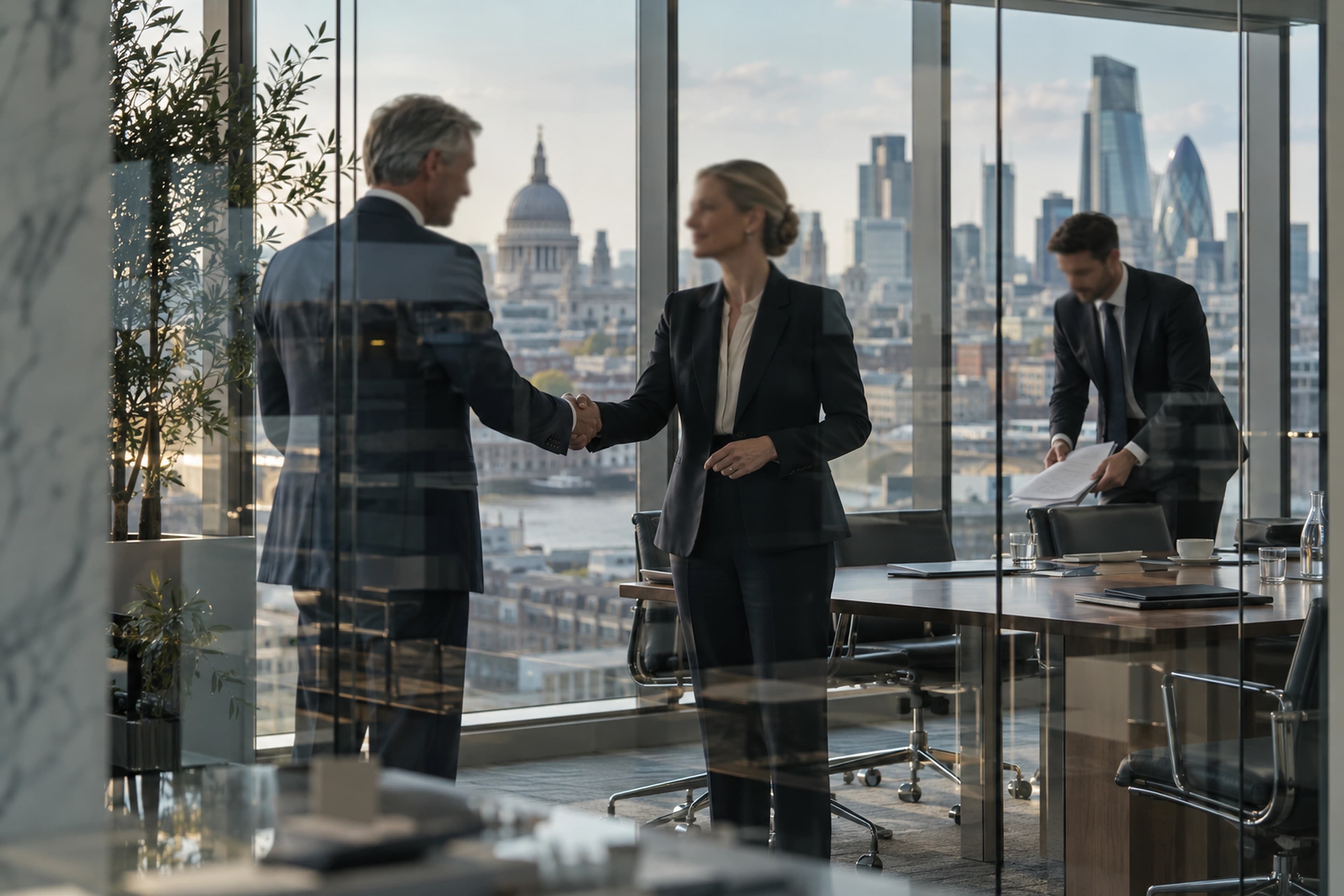 Two professionals shaking hands in a glass-walled meeting room